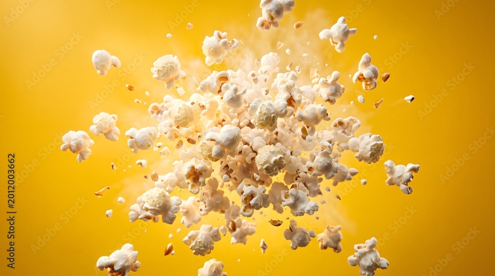 Naklejka premium Exploding Popcorn Bursting Outwards on a Vibrant Yellow Background