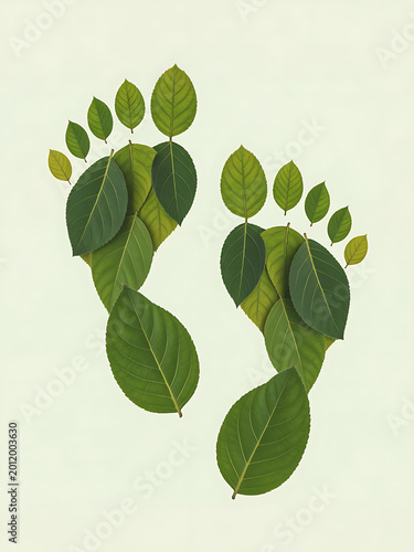 A creative arrangement of green leaves forms human footprints on a surface.