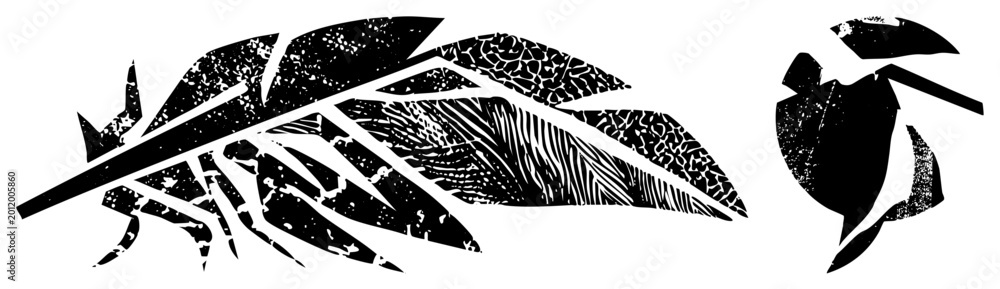 Obraz premium Bold feather with grunge textures, fragmented silhouettes evokes vintage printmaking. Ideal for tattoos, logos, or edgy apparel.