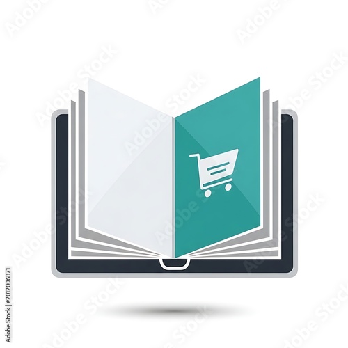 Teal Digital Shopping Catalog Open on Tablet Screen in Minimal Ecommerce Illustration