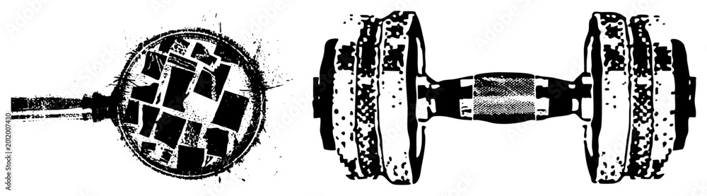 Obraz premium Gritty dumbbell skilleted egg, bold stencil style iron gym meets breakfast cookware. Call it “barbell” or “iron pig” “egg pan” or “breakfast skillet.” Rough cut for edgy fitness/food brandi