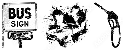 Gritty urban trio weathered bus stop, hot rod, fuel nozzle “bus shelter,” “gas guzzler,” “burner” for raw street vibe. Ideal for edgy branding or retro posters with bold punch.