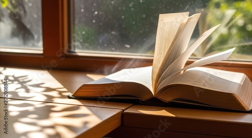 Open Bible on a sunlit windowsill with pages gently turning, evoking spiritual reflection and peaceful contemplation