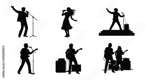 Photos musician silhouettes performing on stage with instruments black and white
