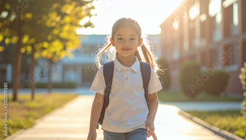 A young student with a backpack walking towards school on a sunny day. A building can be seen in the background. The girl is looking directly at the camera with a smile.