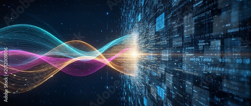 Abstract digital wave flow transferring data through futuristic network space
