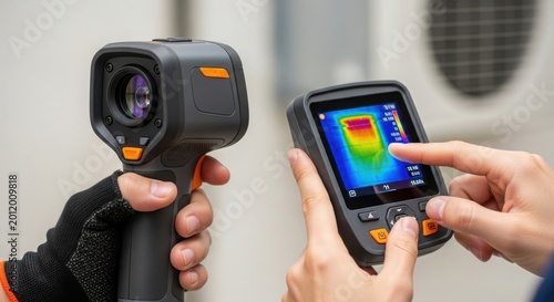 Thermal imaging camera in use showing heat map on display while technician inspects HVAC unit. The thermal imaging camera reveals heat variation during equipment diagnostics,