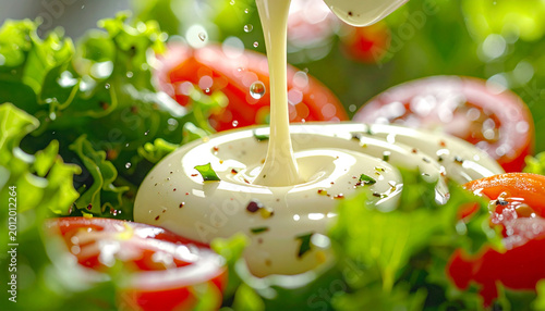 Fresh salad dressing pouring with macro droplets in motion