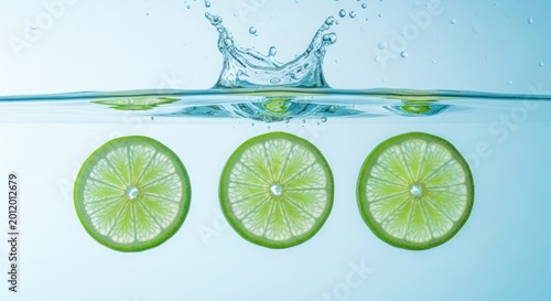 Three Slices of Fresh Lime Dropping into Clear Water with Splash.