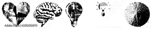 Gritty halftone heart, brain, lightbulb, moon with raw textures. A “brain bucket” for creativity & emotion. Edgy branding or poster punch.