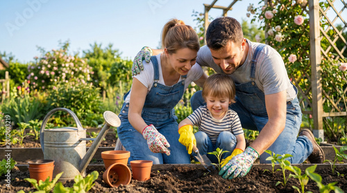 A young family (mom, dad, and a little son) is gardening together on a warm, sunny day.