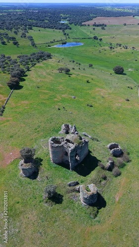 Aerial view from a drone of Asmesnal Castle in Alfaraz de Sayago, in the Sayago region of the province of Zamora, Castile and León, Spain, Europe