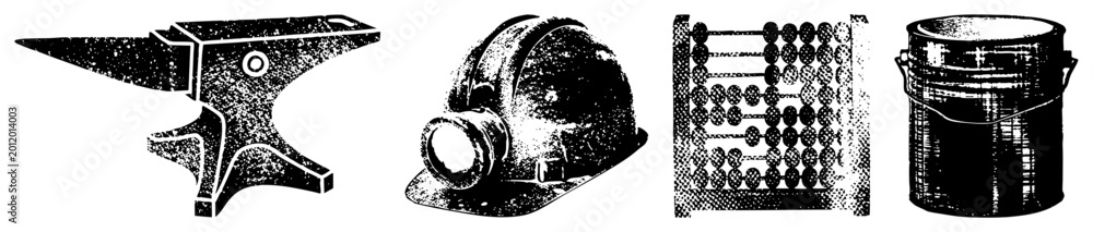 Obraz premium Grungy halftone anvil, skid lid helmet, counting frame, paint can. Rugged blue collar symbols for retro branding or mechanic decor folk names like brain bucket and算盘 included.