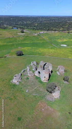 Aerial view from a drone of Asmesnal Castle in Alfaraz de Sayago, in the Sayago region of the province of Zamora, Castile and León, Spain, Europe