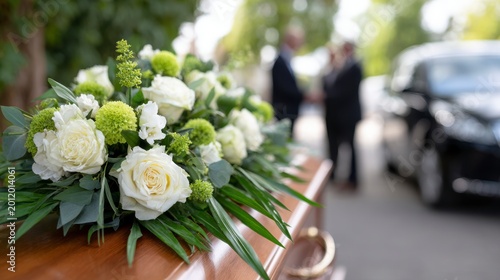 Elegant Floral Arrangement Adorning a Casket During a Somber Funeral Ceremony, Capturing Moments of Reflection and Farewell Among Attendees at the Memorial Service