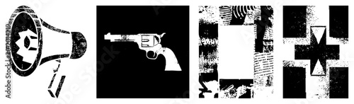 Shouting horn, bullhorn, or loud hailer in gritty halftone style alongside a six shooter pistol perfect for protest art, streetwear, or punk branding with raw, rebellious energy.