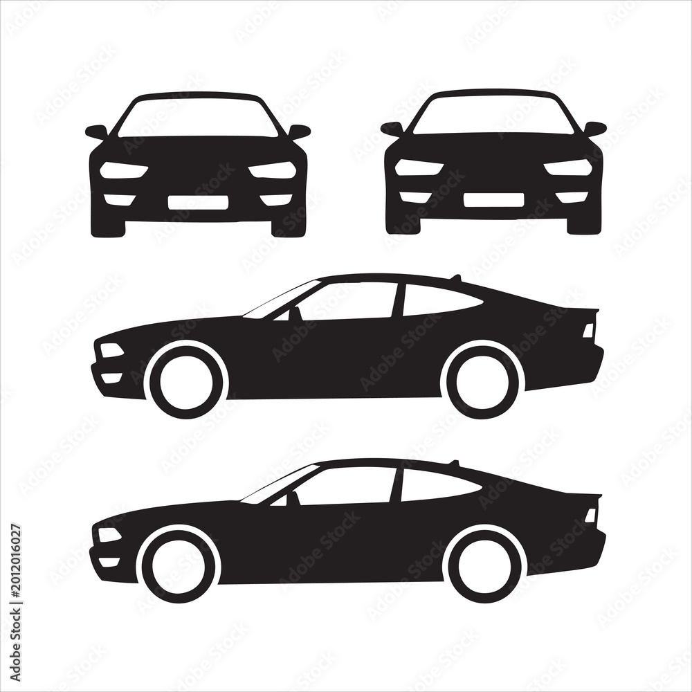 Fototapeta premium Set of sleek car vector illustrations with front and side views for automotive projects.