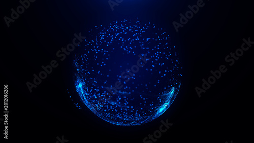 Canvas Print Blue particle sphere with glowing dust, floating digital dots and dark futuristic depth, abstract energy orb with sci fi technology mood