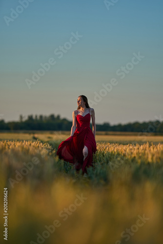 Woman rye field red dress. Happy woman in a long red dress in a beautiful cornfield. Old caste ruins in the background
