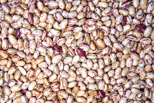 Primer plano de alubias pintas crudas, legumbres secas con patrón moteado.