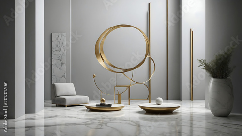 A luxurious living room with modern gold accents and marble flooring. A stylish armchair sits beside decorative gold pieces and a large abstract circular mirror