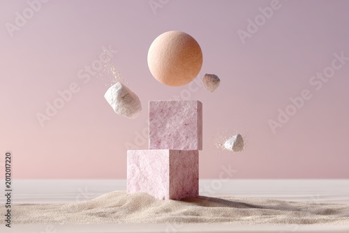 Floating pink stone cubes and sand composition with sphere and dust for minimalist pastel poster and background design