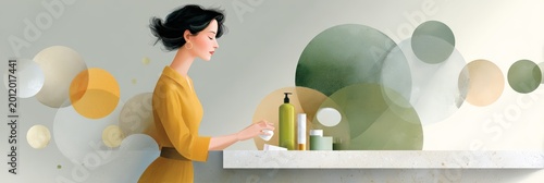 Woman applying skincare at vanity with green circular decor for beauty product banner and wellness background design