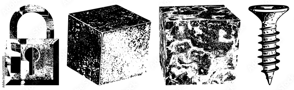 Fototapeta premium Rugged halftone graphics feature padlock, cube, screw street slang “security block,” “threaded.” Distressed textures add raw urban energy, ideal for edgy branding or stickers.