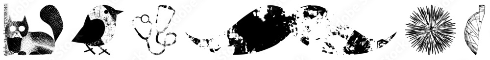 Obraz premium Edgy glyph cutouts cat, bird, stethoscope, abstracts, sea urchin, leaf for indie/punk branding. High contrast black on transparent with halftone grain & stencil edges. Ideal for urban posters or s