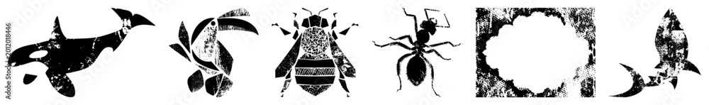 Fototapeta premium Edgy wildlife cutouts (orca, toucan, bee, ant, cloud frame, shark) in gritty halftone style “ink splatter critters” or “distressed fauna glyphs.” Ideal for punk posters, streetwear. Rough edges blend