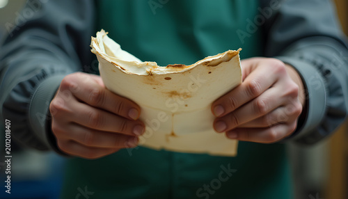 Grease-stained tired hands gripping a refolded coffee-stained paper with short clean nails and thick calluses on the palms and fingers and little scars