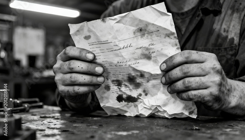 Close-up of stained rough hands clutching a refolded paper with coffee marks and creases with short clean nails and thick calluses and small scars
