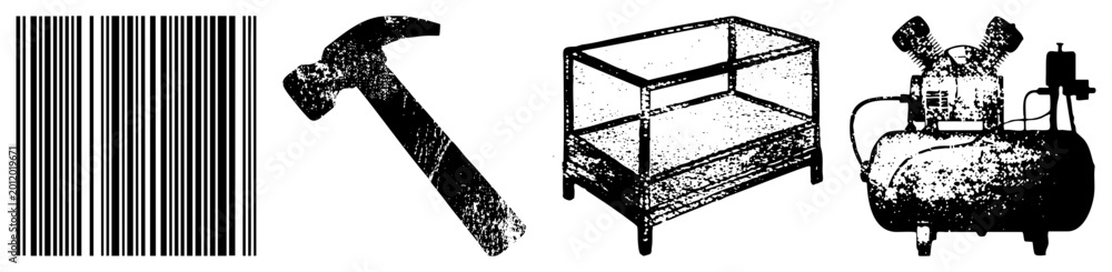 Obraz premium Hammer, air compressor, shelving, barcode in gritty halftone “shop rat tools” or “garage crew gear” for DIYers who say “nail puller” and “buddy bottle.”