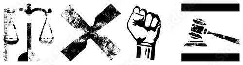 Scales, fist, gavel, in gritty stencil street law, rebel emblems. Raw silhouettes convey activism, legal grit, courtroom drama via halftone decay and stark contrast.