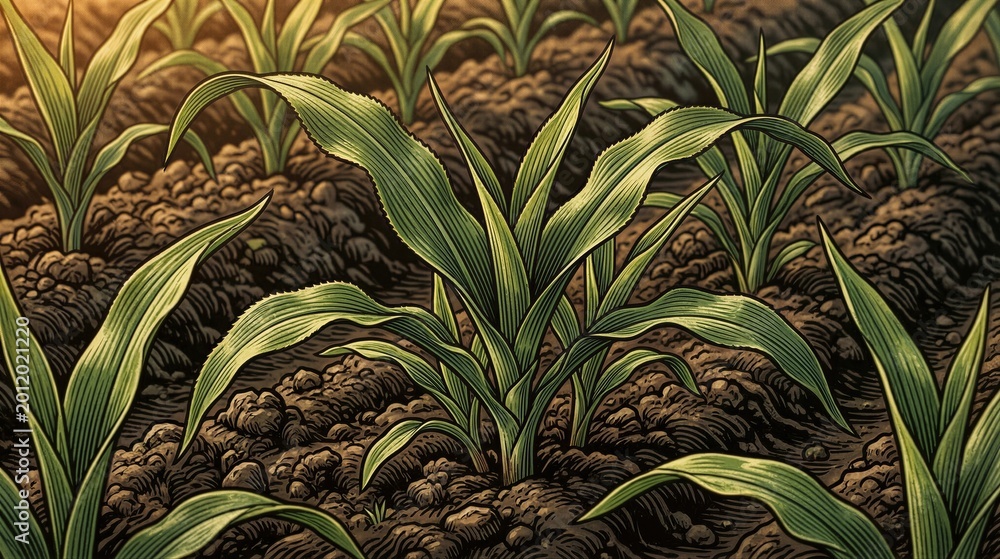 Obraz premium Green corn sprout growing in fertile soil. Retro illustration of cultivated farm field. Agriculture and organic food production concept. Seasonal planting in countryside landscape.