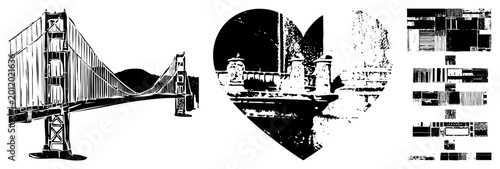 Gritty stencil of suspension bridge, “The Gate” or “Steel,” framed by a love heart with foggy. Halftone textures, high contrast evoke vintage posters and street art.