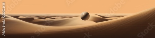A surreal landscape featuring a reflective orb amidst golden sand dunes.