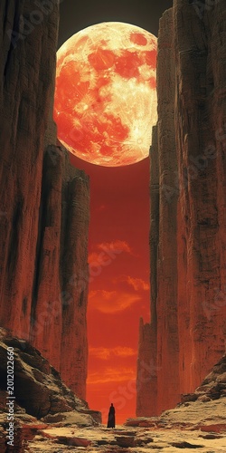 A lone figure silhouetted against a gigantic blood-red moon in a dramatic canyon landscape.