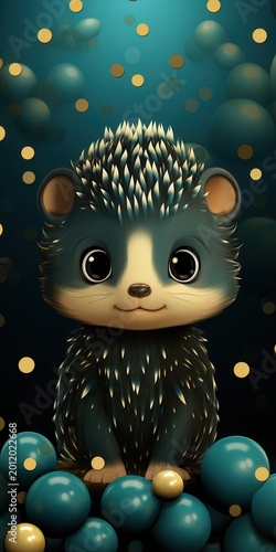 Cute cartoon hedgehog with sparkling eyes sitting among colorful spheres.