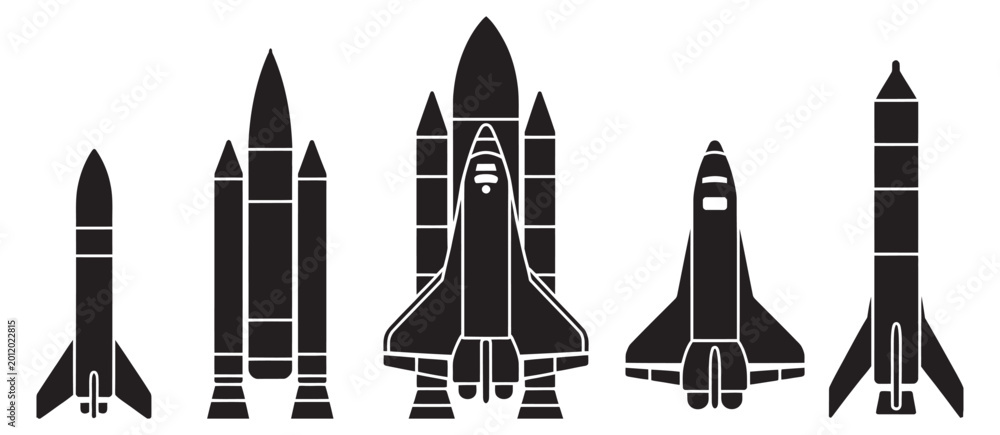 Fototapeta premium Rocket silhouette icon set, minimal vector collection of space rockets and launch vehicles for aerospace science exploration and technology design