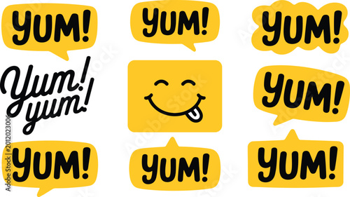 Fotografie Playful vector illustration of yellow speech bubbles with YUM text and smiling f