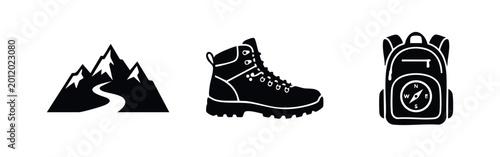 Bild auf Leinwand Hiking and trekking silhouette icon set featuring mountain peaks, a durable boot, and a backpack with a compass for outdoor adventure design