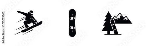 Fotografie Minimalist black and white vector icons set featuring a snowboarder in action, a snowboard with bindings, and a mountain landscape with trees