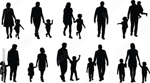 Vector illustration of black silhouettes showing adults and children walking together in pairs and groups with family bond