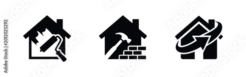 Set of three home renovation icons featuring a paint roller, a hammer with bricks, and a renewal arrow. Ideal for construction and repair services.