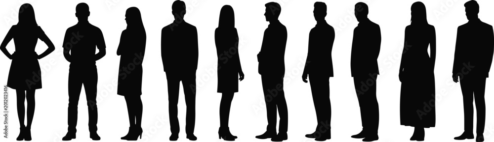 Fototapeta premium Black silhouette vector illustration of diverse standing people in formal and semi‑formal attire, human posture and fashion design