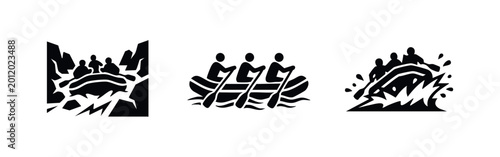 Konstfotografi Set of minimalist black silhouette icons depicting people white water rafting on wild river rapids, waves, and through rocky canyons