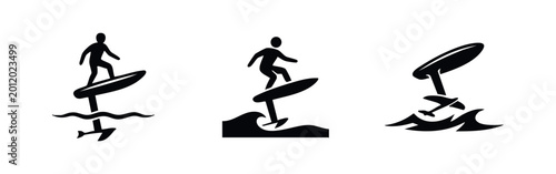 Tableau sur toile Set of minimalist black silhouette icons representing hydrofoil surfing on waves, isolated on a white background