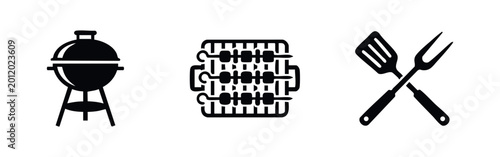 Tableau sur toile Minimalist black barbecue icon set featuring a kettle grill, skewers on a grate, and crossed spatula and fork tools for outdoor cooking