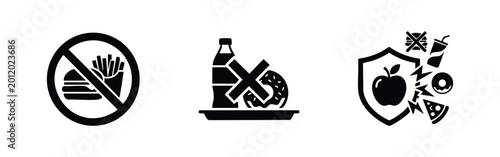Canvas Print Set of vector icons promoting healthy eating, featuring a junk food ban and a shield protecting an apple from unhealthy snacks and fast food